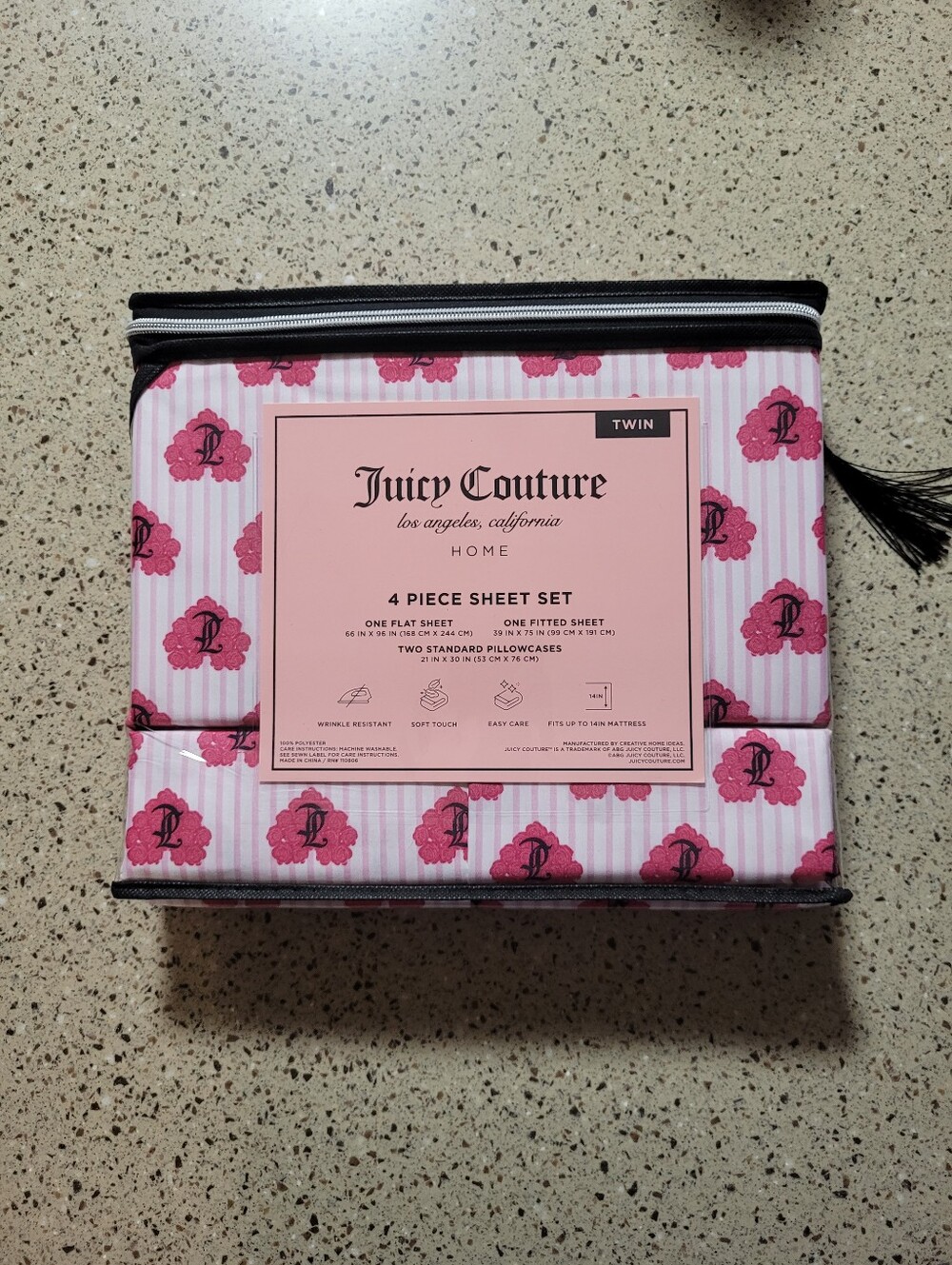 Juicy Couture 4-Pc Twin Size Bedsheet Set Roses Hearts JC Monogram Striped Y2K